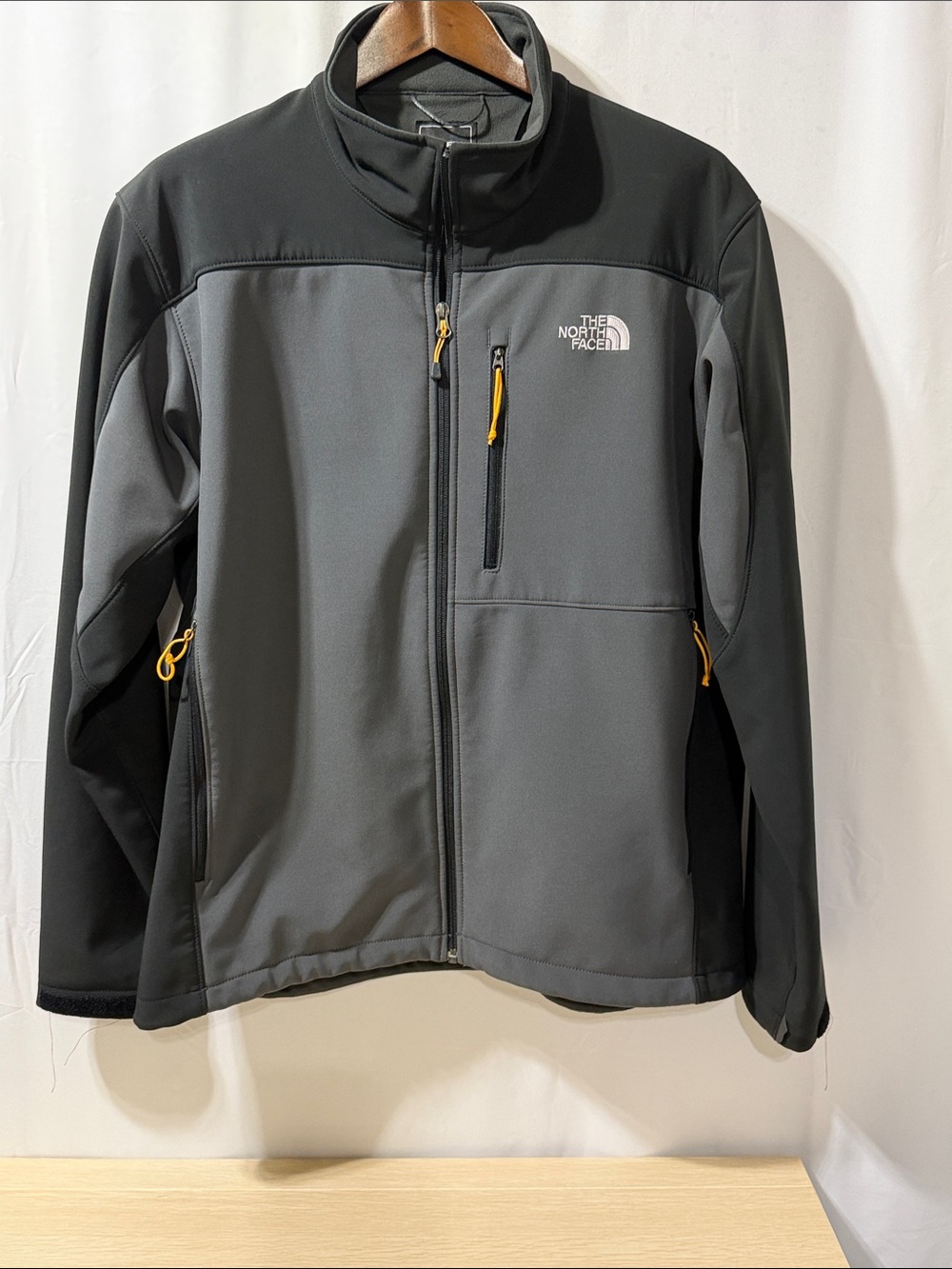 North Face Men's Gray and Black Softshell Jacket with Yellow Accents